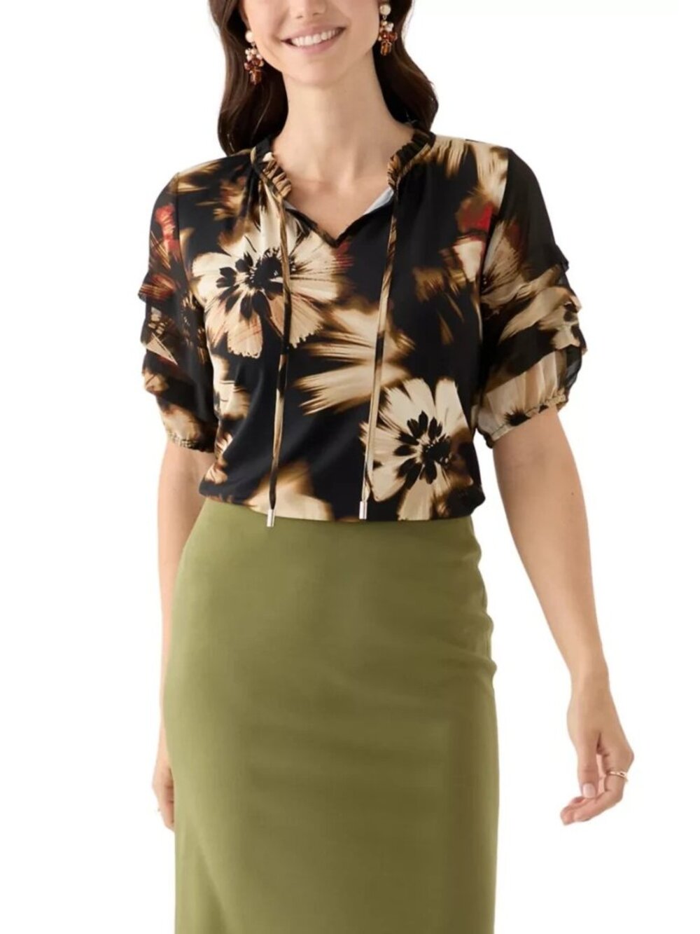 Anne Klein Women Elbow Sleeve Printed Mixed Top Black Brown Plus Size 0X $79